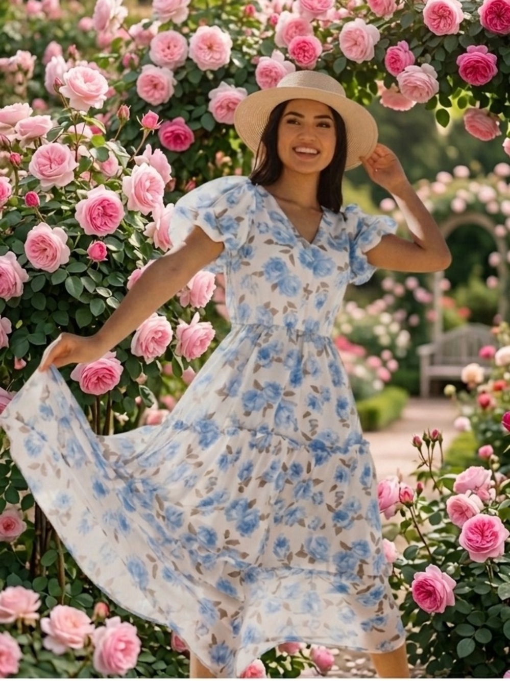 Bohemian White Blue Floral Midi Dress Sz M by Blu Pepper